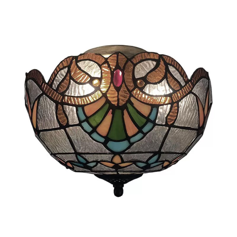 Stained Glass Ceiling Light, 2 Lights Baroque Flush Mount Lighting in Aged Brass with Jewel Decoration for Bedroom Clearhalo 'Ceiling Lights' 'Close To Ceiling Lights' 'Close to ceiling' 'Glass shade' 'Glass' 'Pendant Lights' 'Semi-flushmount' 'Tiffany close to ceiling' 'Tiffany' Lighting' 2880