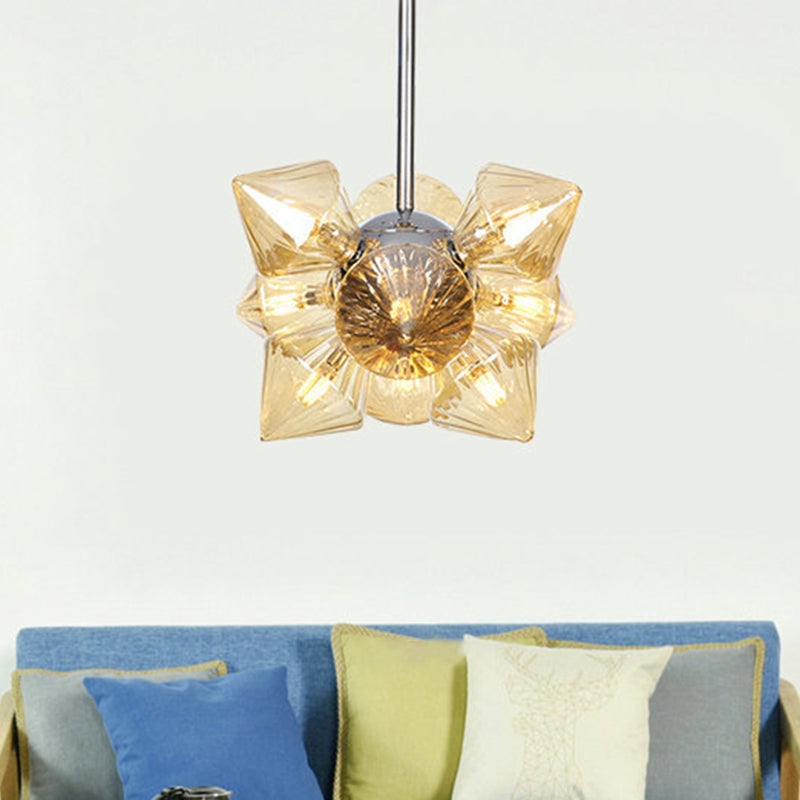 Chrome Diamond Chandelier Lamp Contemporary 9/12 Bulbs Amber Glass Hanging Ceiling Lamp 12 Amber Clearhalo 'Ceiling Lights' 'Chandeliers' 'Glass shade' 'Glass' 'Modern Chandeliers' 'Modern' Lighting' 288042