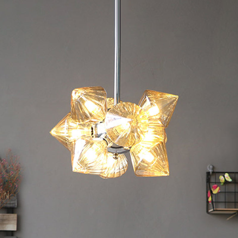 Chrome Diamond Chandelier Lamp Contemporary 9/12 Bulbs Amber Glass Hanging Ceiling Lamp Clearhalo 'Ceiling Lights' 'Chandeliers' 'Glass shade' 'Glass' 'Modern Chandeliers' 'Modern' Lighting' 288043