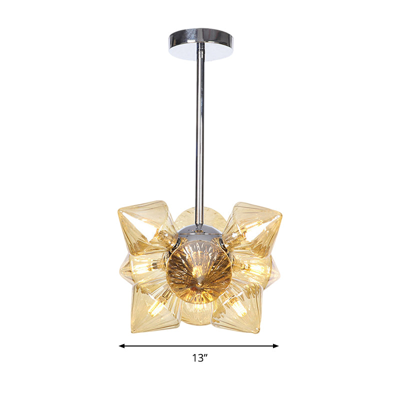 Chrome Diamond Chandelier Lamp Contemporary 9/12 Bulbs Amber Glass Hanging Ceiling Lamp Clearhalo 'Ceiling Lights' 'Chandeliers' 'Glass shade' 'Glass' 'Modern Chandeliers' 'Modern' Lighting' 288046