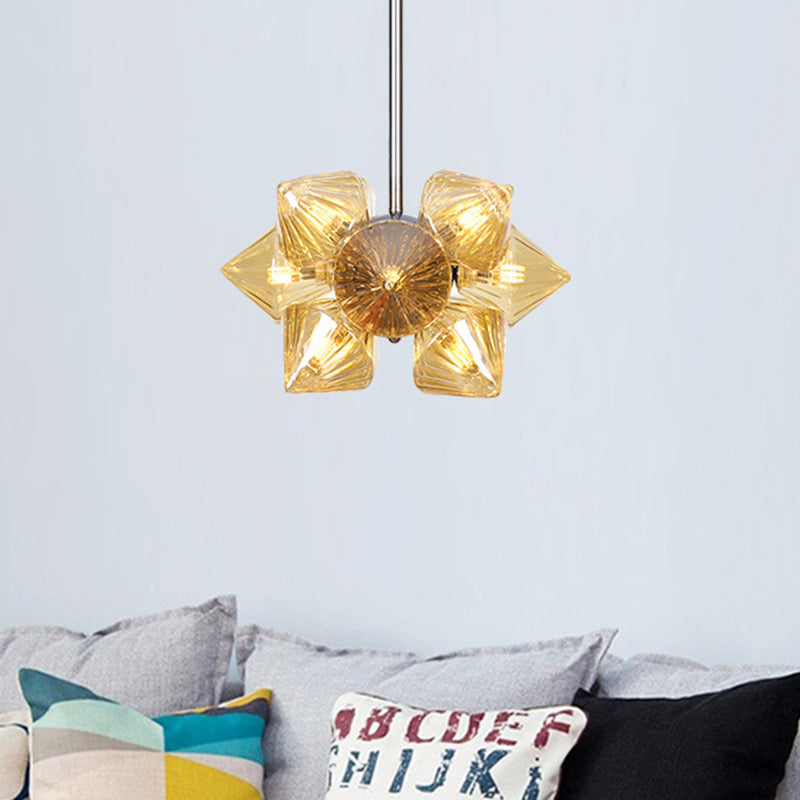 Chrome Diamond Chandelier Lamp Contemporary 9/12 Bulbs Amber Glass Hanging Ceiling Lamp 9 Amber Clearhalo 'Ceiling Lights' 'Chandeliers' 'Glass shade' 'Glass' 'Modern Chandeliers' 'Modern' Lighting' 288047