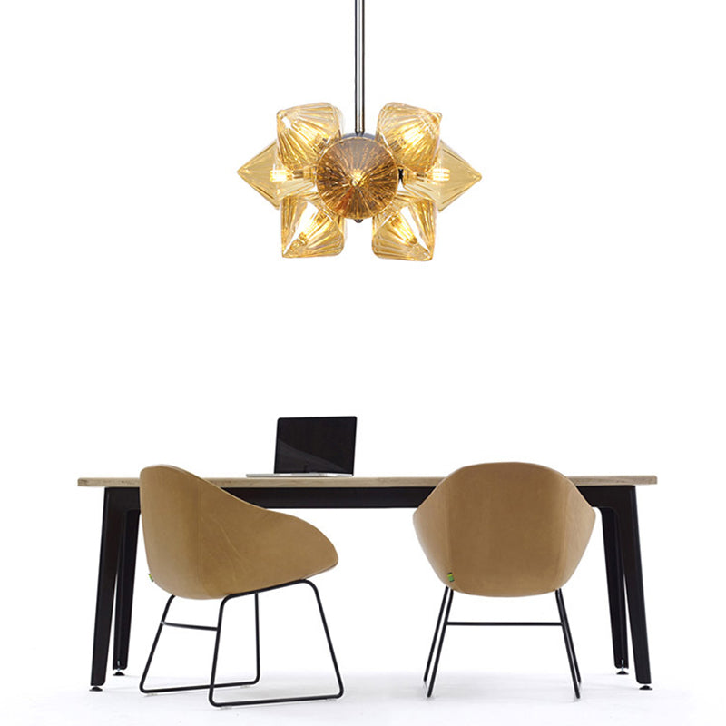 Chrome Diamond Chandelier Lamp Contemporary 9/12 Bulbs Amber Glass Hanging Ceiling Lamp Clearhalo 'Ceiling Lights' 'Chandeliers' 'Glass shade' 'Glass' 'Modern Chandeliers' 'Modern' Lighting' 288048