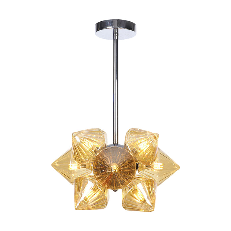 Chrome Diamond Chandelier Lamp Contemporary 9/12 Bulbs Amber Glass Hanging Ceiling Lamp Clearhalo 'Ceiling Lights' 'Chandeliers' 'Glass shade' 'Glass' 'Modern Chandeliers' 'Modern' Lighting' 288049