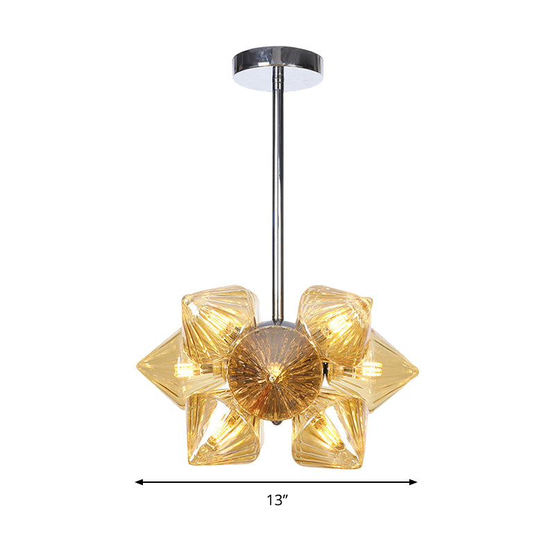 Chrome Diamond Chandelier Lamp Contemporary 9/12 Bulbs Amber Glass Hanging Ceiling Lamp Clearhalo 'Ceiling Lights' 'Chandeliers' 'Glass shade' 'Glass' 'Modern Chandeliers' 'Modern' Lighting' 288050