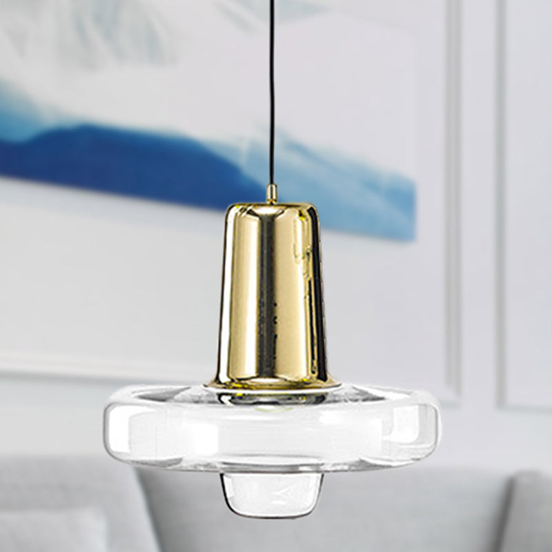 Gyro Hanging Pendant Light Contemporary Clear Glass 1 Light Black/Champagne/Rose Gold Suspension Light, 8"/10.5"/13" Wide Champagne Clearhalo 'Ceiling Lights' 'Chandeliers' 'Glass shade' 'Glass' 'Modern Pendants' 'Modern' 'Pendant Lights' 'Pendants' Lighting' 288218