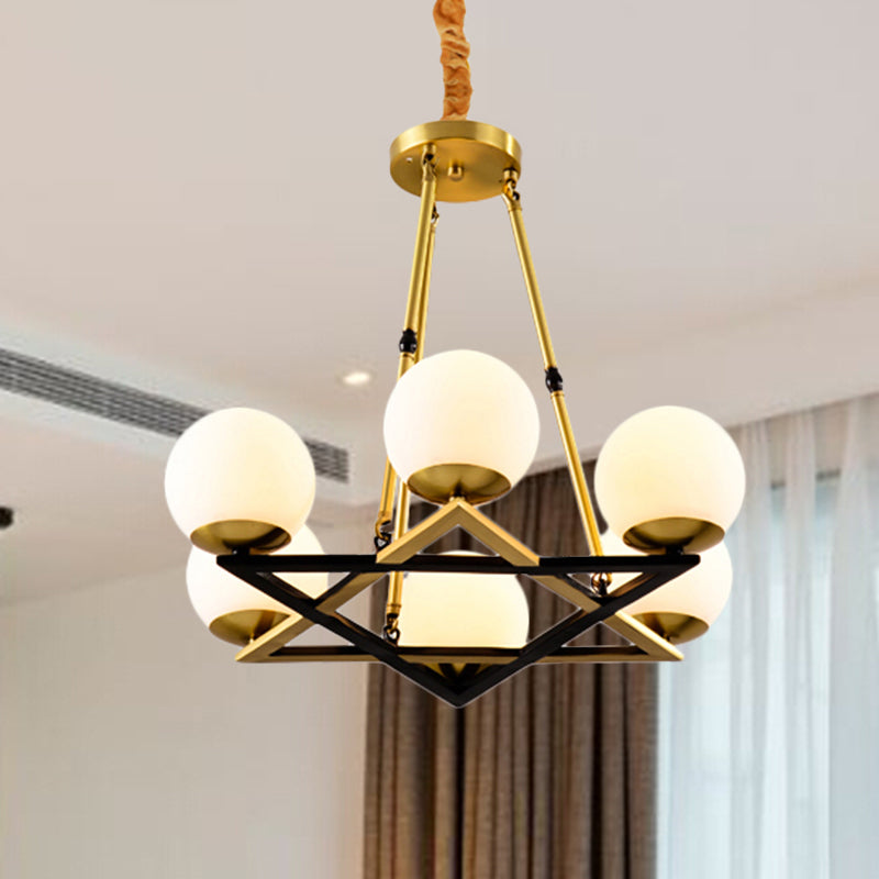 Polygon Metal Chandelier Light Fixture Postmodern 6/8 Heads Brass Hanging Ceiling Light with Globe White Glass Shade 6 Brass Clearhalo 'Ceiling Lights' 'Chandeliers' 'Glass shade' 'Glass' 'Modern Chandeliers' 'Modern' Lighting' 288268