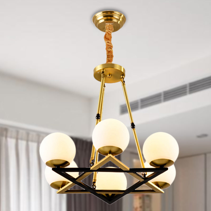 Polygon Metal Chandelier Light Fixture Postmodern 6/8 Heads Brass Hanging Ceiling Light with Globe White Glass Shade Clearhalo 'Ceiling Lights' 'Chandeliers' 'Glass shade' 'Glass' 'Modern Chandeliers' 'Modern' Lighting' 288269