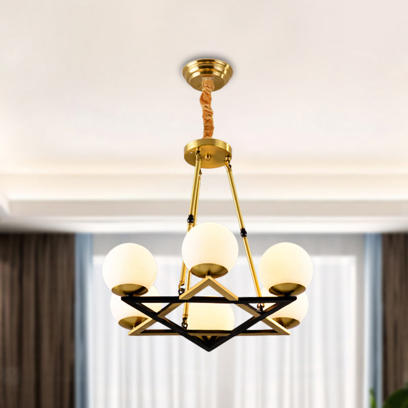 Polygon Metal Chandelier Light Fixture Postmodern 6/8 Heads Brass Hanging Ceiling Light with Globe White Glass Shade Clearhalo 'Ceiling Lights' 'Chandeliers' 'Glass shade' 'Glass' 'Modern Chandeliers' 'Modern' Lighting' 288270