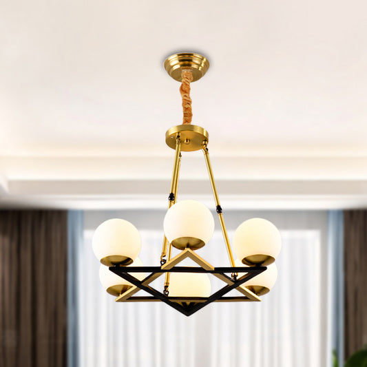 Polygon Metal Chandelier Light Fixture Postmodern 6/8 Heads Brass Hanging Ceiling Light with Globe White Glass Shade Clearhalo 'Ceiling Lights' 'Chandeliers' 'Glass shade' 'Glass' 'Modern Chandeliers' 'Modern' Lighting' 288270