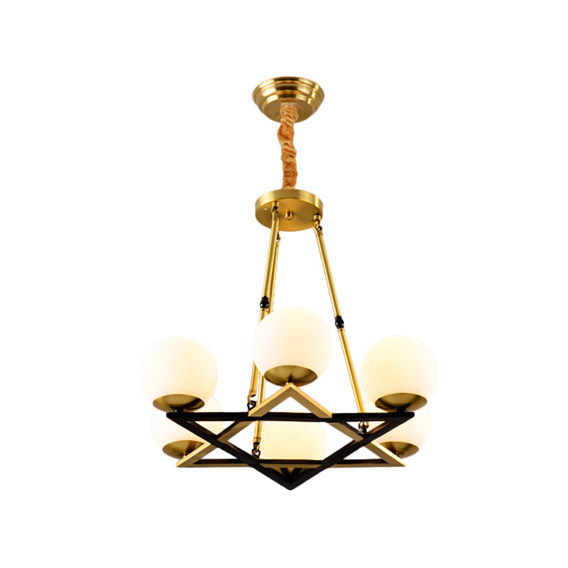 Polygon Metal Chandelier Light Fixture Postmodern 6/8 Heads Brass Hanging Ceiling Light with Globe White Glass Shade Clearhalo 'Ceiling Lights' 'Chandeliers' 'Glass shade' 'Glass' 'Modern Chandeliers' 'Modern' Lighting' 288272