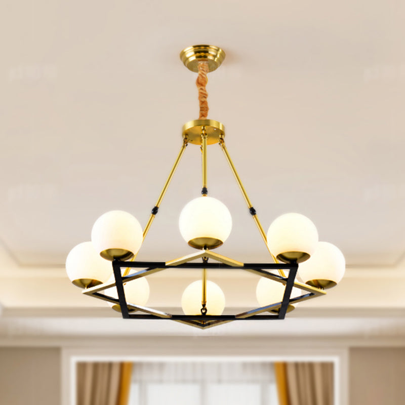 Polygon Metal Chandelier Light Fixture Postmodern 6/8 Heads Brass Hanging Ceiling Light with Globe White Glass Shade 8 Brass Clearhalo 'Ceiling Lights' 'Chandeliers' 'Glass shade' 'Glass' 'Modern Chandeliers' 'Modern' Lighting' 288274