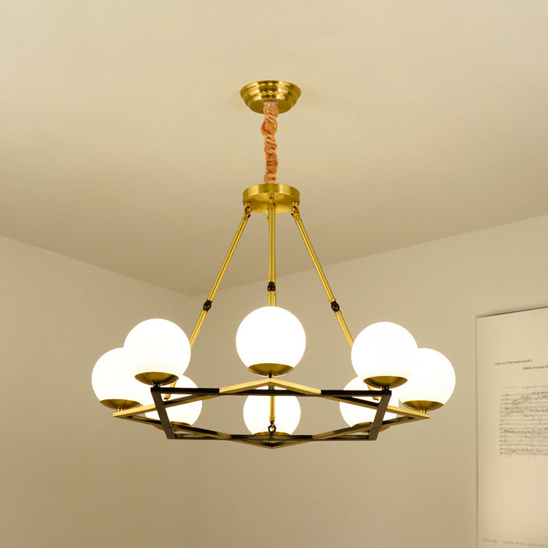 Polygon Metal Chandelier Light Fixture Postmodern 6/8 Heads Brass Hanging Ceiling Light with Globe White Glass Shade Clearhalo 'Ceiling Lights' 'Chandeliers' 'Glass shade' 'Glass' 'Modern Chandeliers' 'Modern' Lighting' 288275