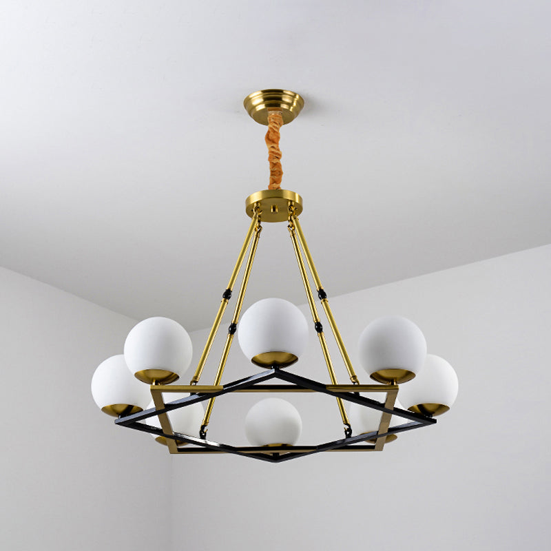 Polygon Metal Chandelier Light Fixture Postmodern 6/8 Heads Brass Hanging Ceiling Light with Globe White Glass Shade Clearhalo 'Ceiling Lights' 'Chandeliers' 'Glass shade' 'Glass' 'Modern Chandeliers' 'Modern' Lighting' 288276