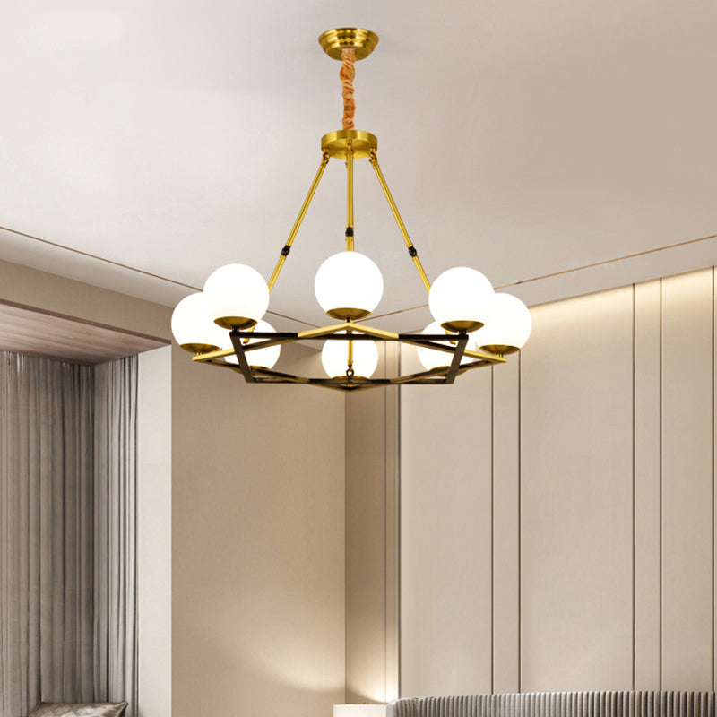 Polygon Metal Chandelier Light Fixture Postmodern 6/8 Heads Brass Hanging Ceiling Light with Globe White Glass Shade Clearhalo 'Ceiling Lights' 'Chandeliers' 'Glass shade' 'Glass' 'Modern Chandeliers' 'Modern' Lighting' 288277