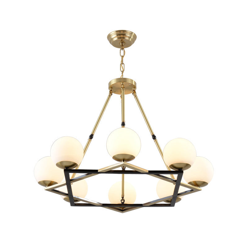 Polygon Metal Chandelier Light Fixture Postmodern 6/8 Heads Brass Hanging Ceiling Light with Globe White Glass Shade Clearhalo 'Ceiling Lights' 'Chandeliers' 'Glass shade' 'Glass' 'Modern Chandeliers' 'Modern' Lighting' 288278