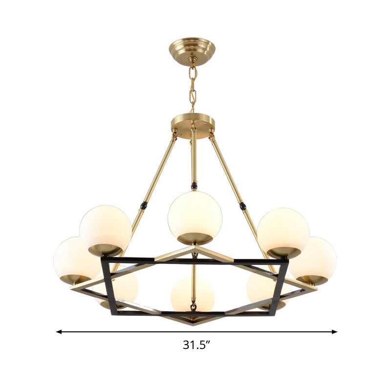 Polygon Metal Chandelier Light Fixture Postmodern 6/8 Heads Brass Hanging Ceiling Light with Globe White Glass Shade Clearhalo 'Ceiling Lights' 'Chandeliers' 'Glass shade' 'Glass' 'Modern Chandeliers' 'Modern' Lighting' 288279