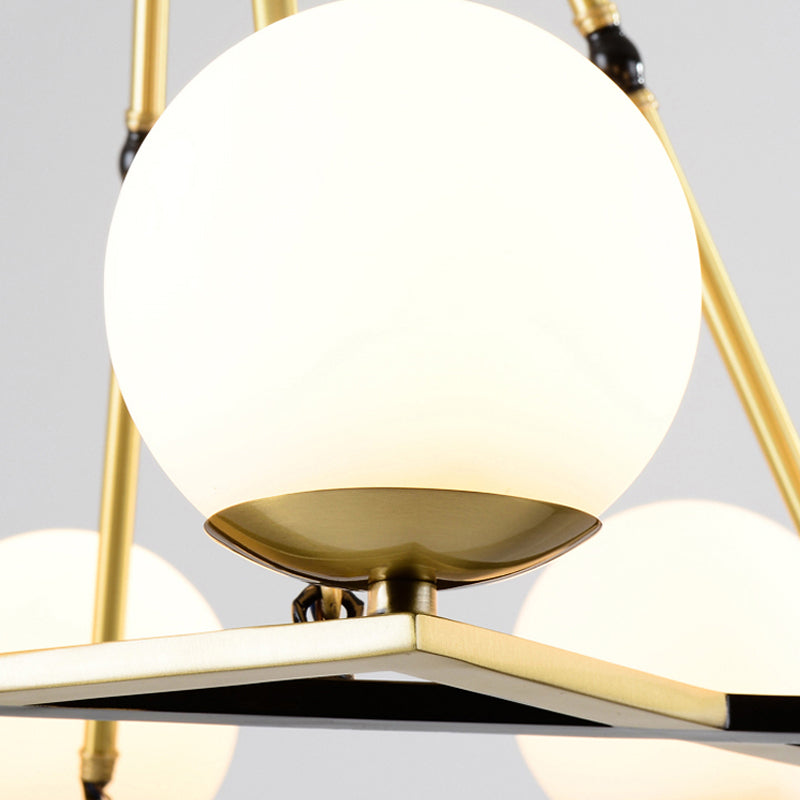 Polygon Metal Chandelier Light Fixture Postmodern 6/8 Heads Brass Hanging Ceiling Light with Globe White Glass Shade Clearhalo 'Ceiling Lights' 'Chandeliers' 'Glass shade' 'Glass' 'Modern Chandeliers' 'Modern' Lighting' 288280