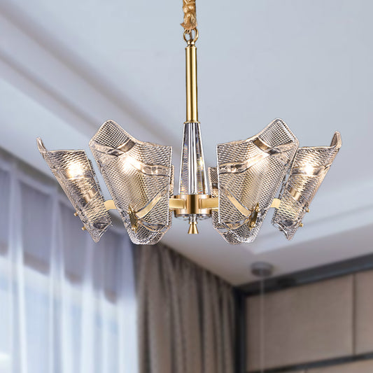 Clear Lattice Glass Shield Hanging Lamp Postmodern 6/8 Heads Brass Chandelier Lighting Fixture 6 Brass Clearhalo 'Ceiling Lights' 'Chandeliers' 'Glass shade' 'Glass' 'Modern Chandeliers' 'Modern' Lighting' 288293