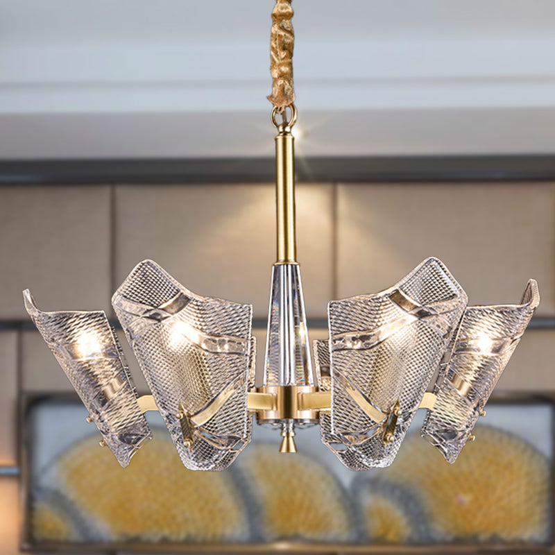 Clear Lattice Glass Shield Hanging Lamp Postmodern 6/8 Heads Brass Chandelier Lighting Fixture Clearhalo 'Ceiling Lights' 'Chandeliers' 'Glass shade' 'Glass' 'Modern Chandeliers' 'Modern' Lighting' 288294