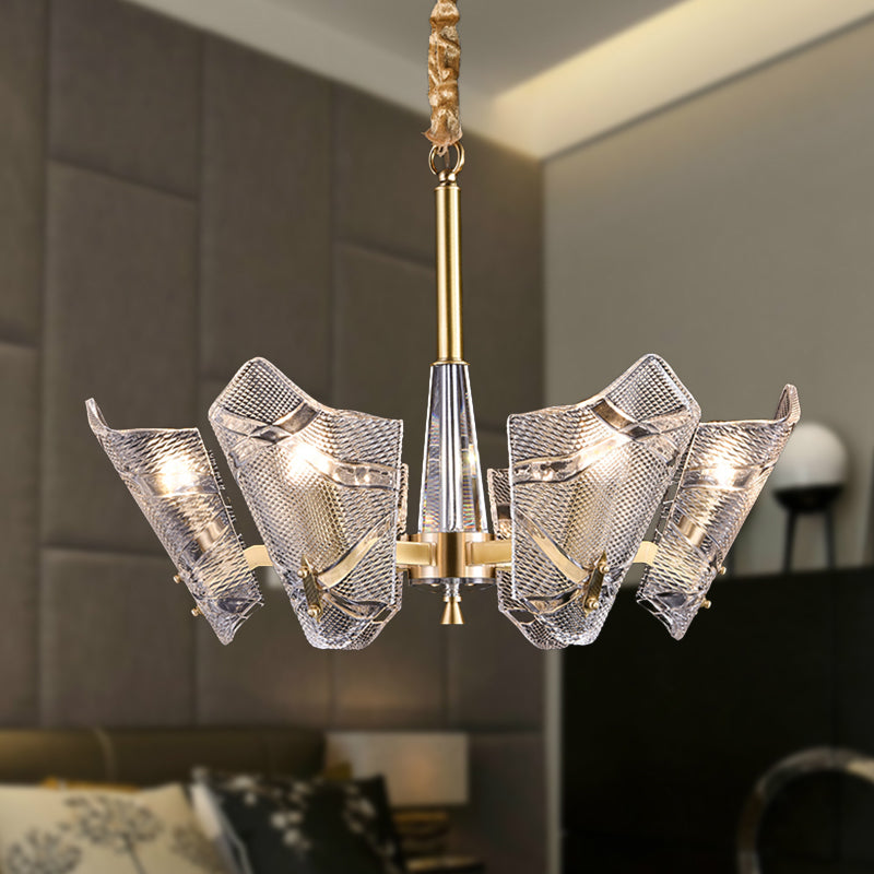 Clear Lattice Glass Shield Hanging Lamp Postmodern 6/8 Heads Brass Chandelier Lighting Fixture Clearhalo 'Ceiling Lights' 'Chandeliers' 'Glass shade' 'Glass' 'Modern Chandeliers' 'Modern' Lighting' 288295