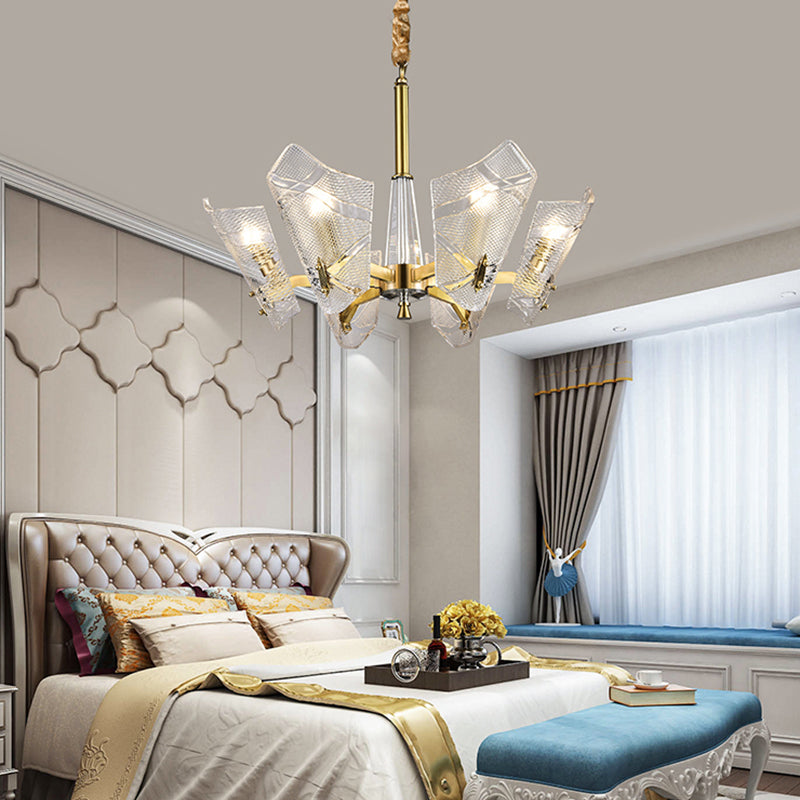 Clear Lattice Glass Shield Hanging Lamp Postmodern 6/8 Heads Brass Chandelier Lighting Fixture Clearhalo 'Ceiling Lights' 'Chandeliers' 'Glass shade' 'Glass' 'Modern Chandeliers' 'Modern' Lighting' 288296