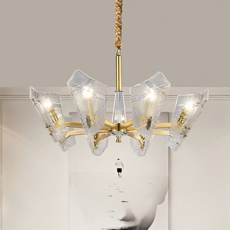 Clear Lattice Glass Shield Hanging Lamp Postmodern 6/8 Heads Brass Chandelier Lighting Fixture 8 Brass Clearhalo 'Ceiling Lights' 'Chandeliers' 'Glass shade' 'Glass' 'Modern Chandeliers' 'Modern' Lighting' 288299