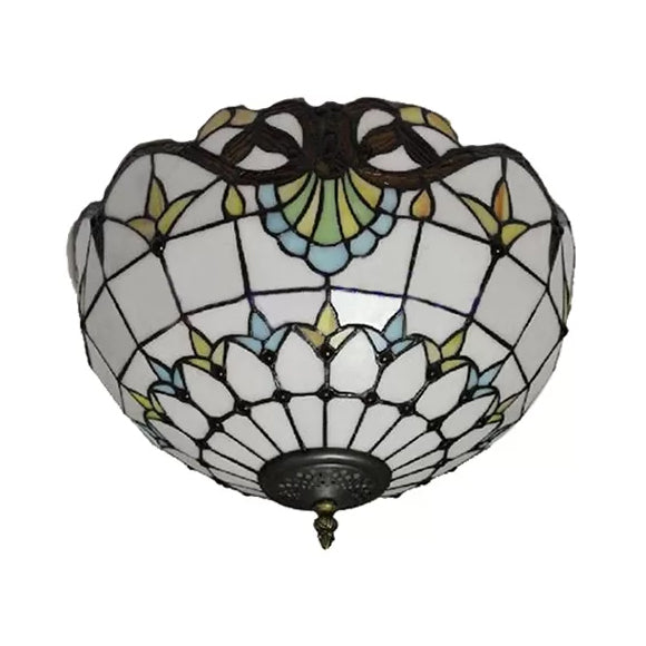 Stained Glass Ceiling Light, 2 Lights Baroque Flush Mount Lighting in Aged Brass with Jewel Decoration for Bedroom Clearhalo 'Ceiling Lights' 'Close To Ceiling Lights' 'Close to ceiling' 'Glass shade' 'Glass' 'Pendant Lights' 'Semi-flushmount' 'Tiffany close to ceiling' 'Tiffany' Lighting' 2883