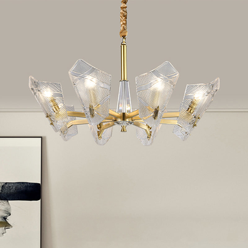 Clear Lattice Glass Shield Hanging Lamp Postmodern 6/8 Heads Brass Chandelier Lighting Fixture Clearhalo 'Ceiling Lights' 'Chandeliers' 'Glass shade' 'Glass' 'Modern Chandeliers' 'Modern' Lighting' 288300