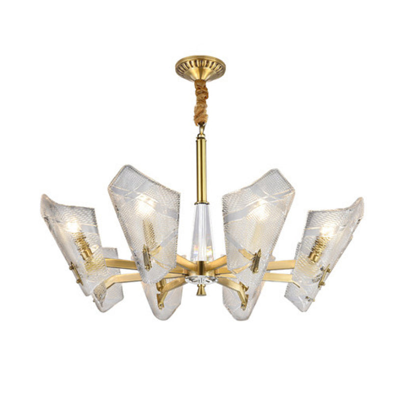 Clear Lattice Glass Shield Hanging Lamp Postmodern 6/8 Heads Brass Chandelier Lighting Fixture Clearhalo 'Ceiling Lights' 'Chandeliers' 'Glass shade' 'Glass' 'Modern Chandeliers' 'Modern' Lighting' 288302