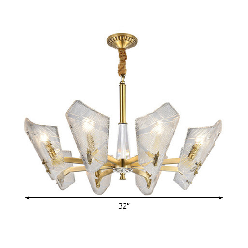 Clear Lattice Glass Shield Hanging Lamp Postmodern 6/8 Heads Brass Chandelier Lighting Fixture Clearhalo 'Ceiling Lights' 'Chandeliers' 'Glass shade' 'Glass' 'Modern Chandeliers' 'Modern' Lighting' 288303