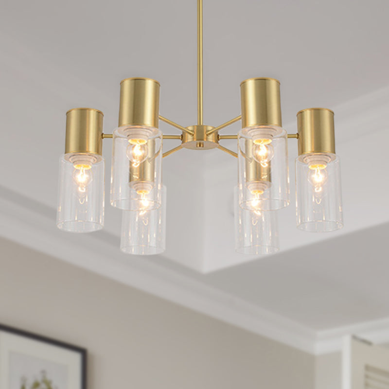 Cylinder Hanging Lamp Kit Postmodern Clear Glass 6/8/10 Heads Brass Chandelier Light Fixture 6 Brass Clearhalo 'Ceiling Lights' 'Chandeliers' 'Glass shade' 'Glass' 'Modern Chandeliers' 'Modern' 'Pendant Lights' Lighting' 288319