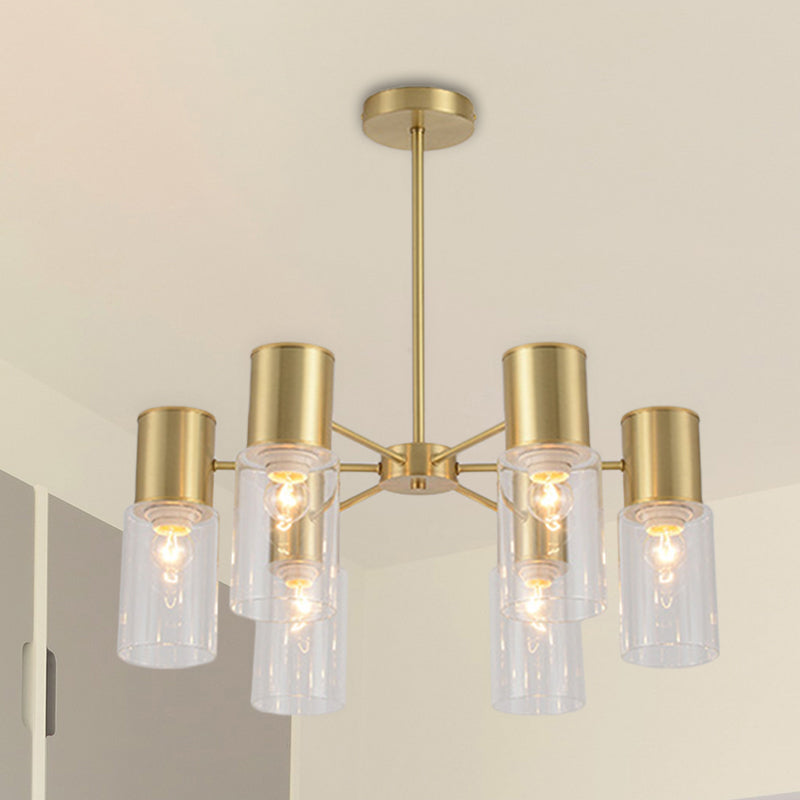 Cylinder Hanging Lamp Kit Postmodern Clear Glass 6/8/10 Heads Brass Chandelier Light Fixture Clearhalo 'Ceiling Lights' 'Chandeliers' 'Glass shade' 'Glass' 'Modern Chandeliers' 'Modern' 'Pendant Lights' Lighting' 288320