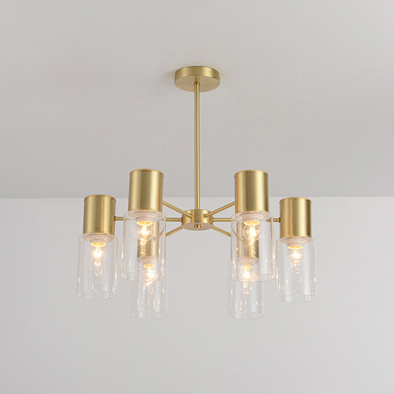 Cylinder Hanging Lamp Kit Postmodern Clear Glass 6/8/10 Heads Brass Chandelier Light Fixture Clearhalo 'Ceiling Lights' 'Chandeliers' 'Glass shade' 'Glass' 'Modern Chandeliers' 'Modern' 'Pendant Lights' Lighting' 288321