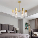 Cylinder Hanging Lamp Kit Postmodern Clear Glass 6/8/10 Heads Brass Chandelier Light Fixture Clearhalo 'Ceiling Lights' 'Chandeliers' 'Glass shade' 'Glass' 'Modern Chandeliers' 'Modern' 'Pendant Lights' Lighting' 288322