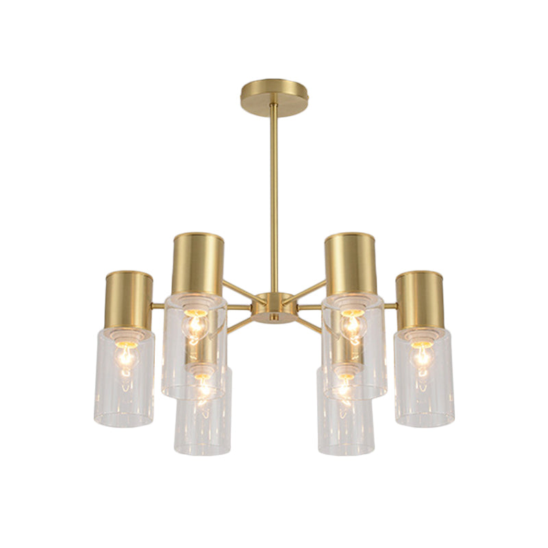 Cylinder Hanging Lamp Kit Postmodern Clear Glass 6/8/10 Heads Brass Chandelier Light Fixture Clearhalo 'Ceiling Lights' 'Chandeliers' 'Glass shade' 'Glass' 'Modern Chandeliers' 'Modern' 'Pendant Lights' Lighting' 288323