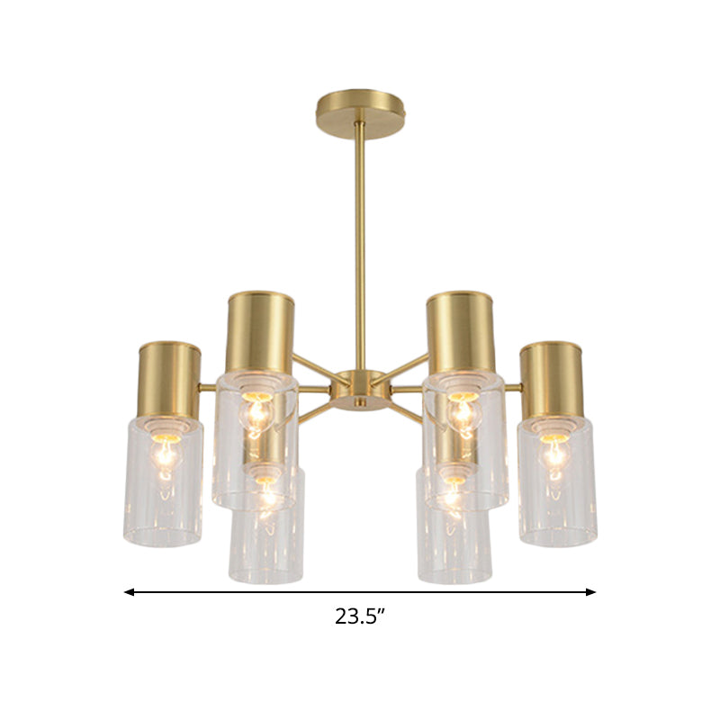 Cylinder Hanging Lamp Kit Postmodern Clear Glass 6/8/10 Heads Brass Chandelier Light Fixture Clearhalo 'Ceiling Lights' 'Chandeliers' 'Glass shade' 'Glass' 'Modern Chandeliers' 'Modern' 'Pendant Lights' Lighting' 288324