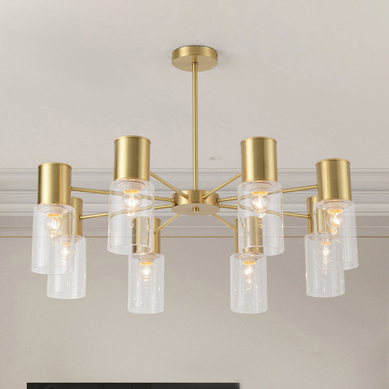 Cylinder Hanging Lamp Kit Postmodern Clear Glass 6/8/10 Heads Brass Chandelier Light Fixture 8 Brass Clearhalo 'Ceiling Lights' 'Chandeliers' 'Glass shade' 'Glass' 'Modern Chandeliers' 'Modern' 'Pendant Lights' Lighting' 288325