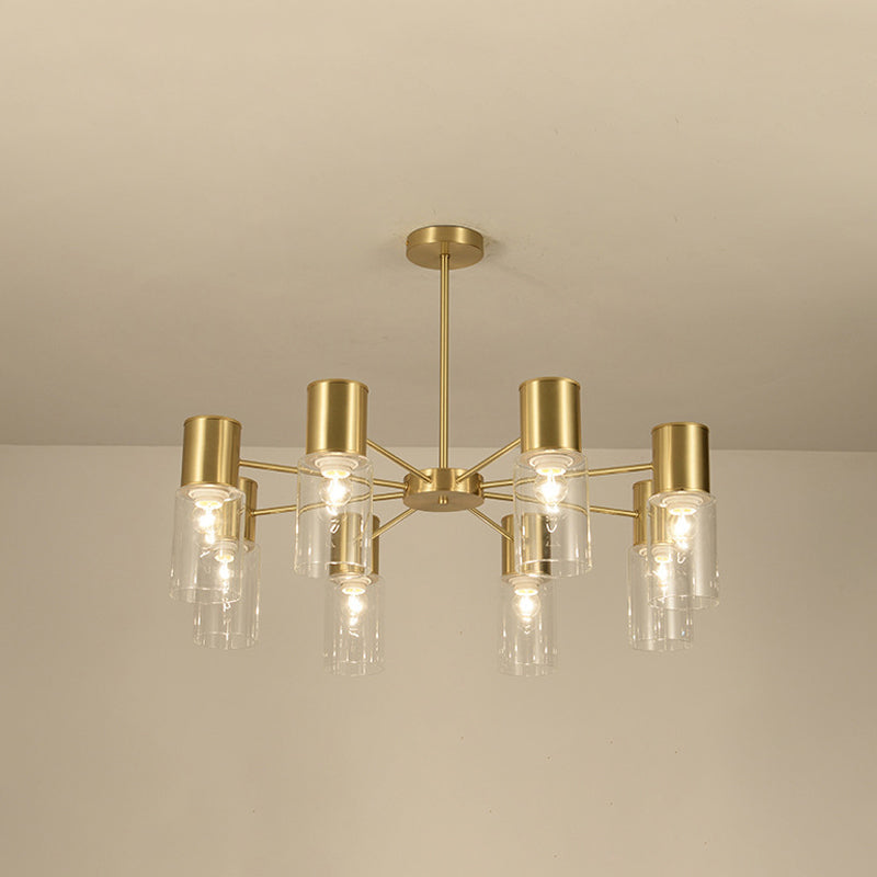 Cylinder Hanging Lamp Kit Postmodern Clear Glass 6/8/10 Heads Brass Chandelier Light Fixture Clearhalo 'Ceiling Lights' 'Chandeliers' 'Glass shade' 'Glass' 'Modern Chandeliers' 'Modern' 'Pendant Lights' Lighting' 288326