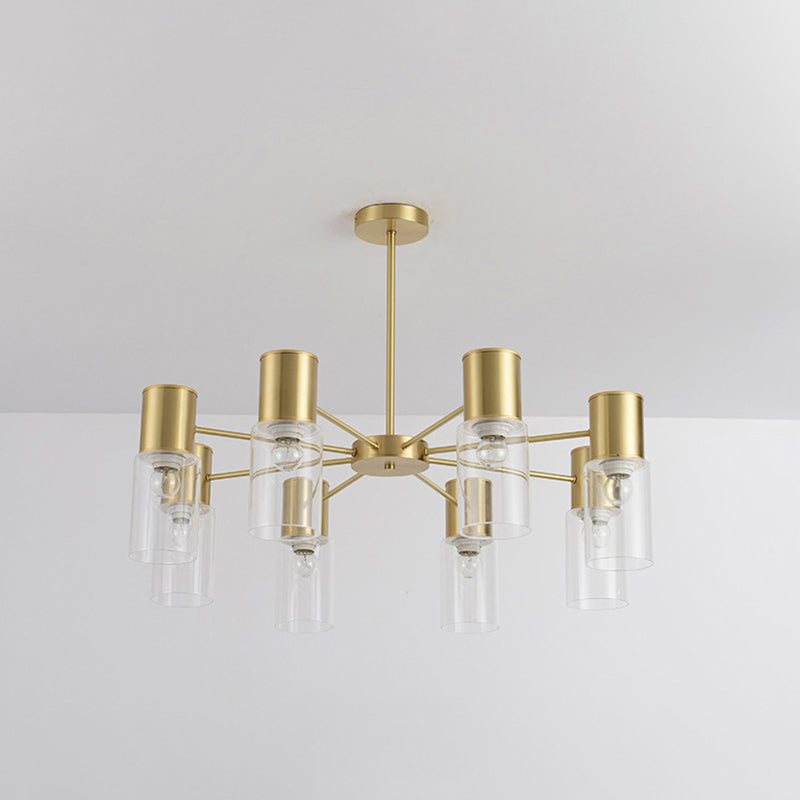 Cylinder Hanging Lamp Kit Postmodern Clear Glass 6/8/10 Heads Brass Chandelier Light Fixture Clearhalo 'Ceiling Lights' 'Chandeliers' 'Glass shade' 'Glass' 'Modern Chandeliers' 'Modern' 'Pendant Lights' Lighting' 288327