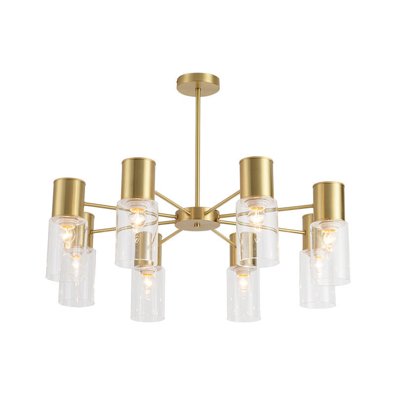 Cylinder Hanging Lamp Kit Postmodern Clear Glass 6/8/10 Heads Brass Chandelier Light Fixture Clearhalo 'Ceiling Lights' 'Chandeliers' 'Glass shade' 'Glass' 'Modern Chandeliers' 'Modern' 'Pendant Lights' Lighting' 288329