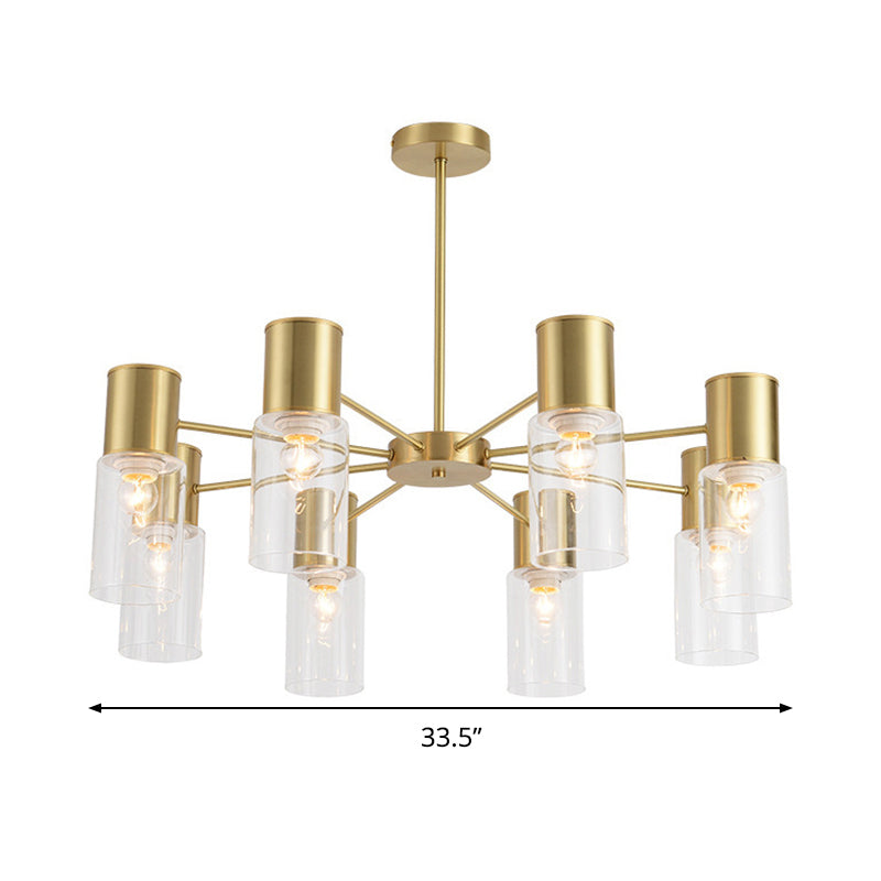 Cylinder Hanging Lamp Kit Postmodern Clear Glass 6/8/10 Heads Brass Chandelier Light Fixture Clearhalo 'Ceiling Lights' 'Chandeliers' 'Glass shade' 'Glass' 'Modern Chandeliers' 'Modern' 'Pendant Lights' Lighting' 288330