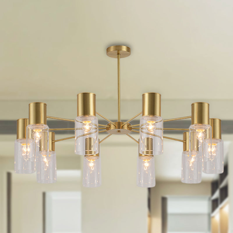 Cylinder Hanging Lamp Kit Postmodern Clear Glass 6/8/10 Heads Brass Chandelier Light Fixture 10 Brass Clearhalo 'Ceiling Lights' 'Chandeliers' 'Glass shade' 'Glass' 'Modern Chandeliers' 'Modern' 'Pendant Lights' Lighting' 288331