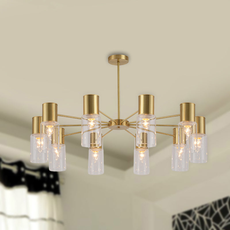 Cylinder Hanging Lamp Kit Postmodern Clear Glass 6/8/10 Heads Brass Chandelier Light Fixture Clearhalo 'Ceiling Lights' 'Chandeliers' 'Glass shade' 'Glass' 'Modern Chandeliers' 'Modern' 'Pendant Lights' Lighting' 288332