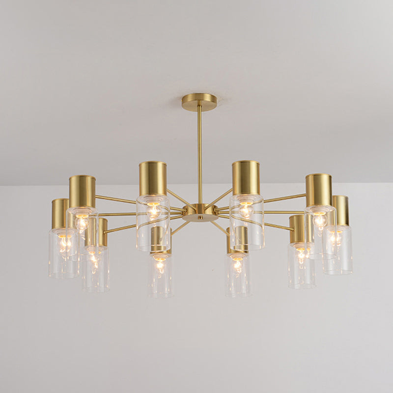 Cylinder Hanging Lamp Kit Postmodern Clear Glass 6/8/10 Heads Brass Chandelier Light Fixture Clearhalo 'Ceiling Lights' 'Chandeliers' 'Glass shade' 'Glass' 'Modern Chandeliers' 'Modern' 'Pendant Lights' Lighting' 288333