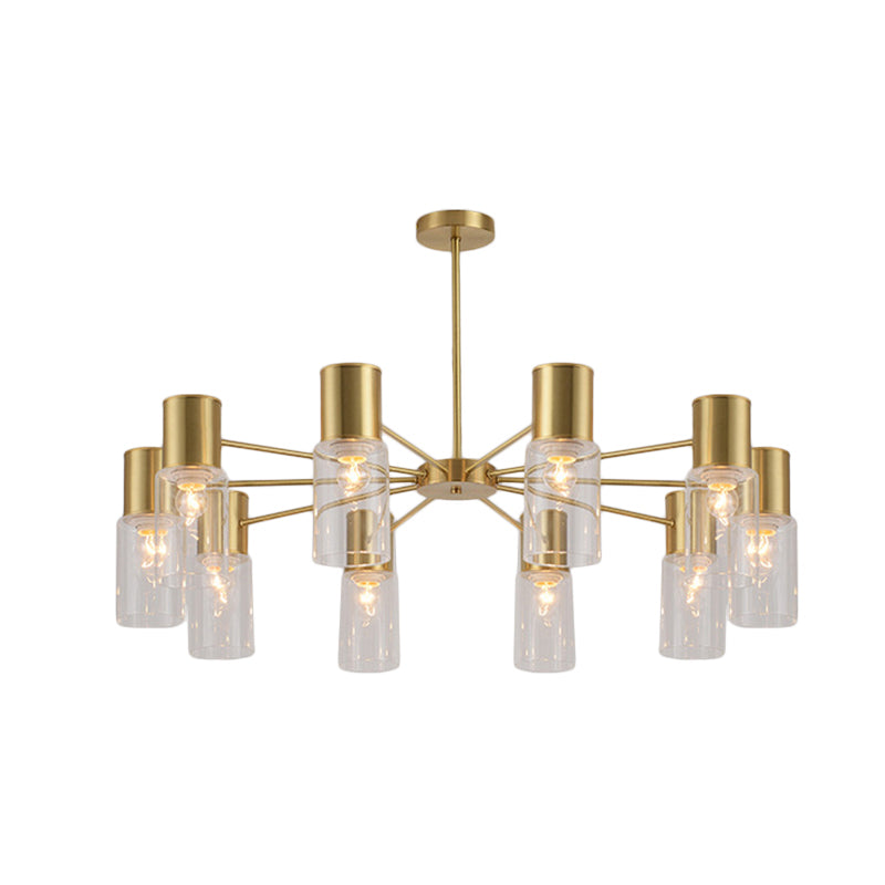 Cylinder Hanging Lamp Kit Postmodern Clear Glass 6/8/10 Heads Brass Chandelier Light Fixture Clearhalo 'Ceiling Lights' 'Chandeliers' 'Glass shade' 'Glass' 'Modern Chandeliers' 'Modern' 'Pendant Lights' Lighting' 288335