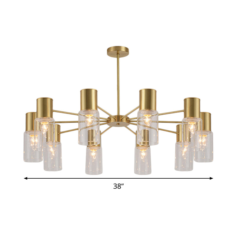 Cylinder Hanging Lamp Kit Postmodern Clear Glass 6/8/10 Heads Brass Chandelier Light Fixture Clearhalo 'Ceiling Lights' 'Chandeliers' 'Glass shade' 'Glass' 'Modern Chandeliers' 'Modern' 'Pendant Lights' Lighting' 288336