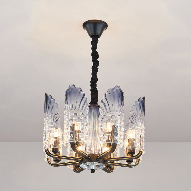 Scallop Chandelier Light Fixture Contemporary Textured Glass 8/10/12 Heads Black Hanging Ceiling Light Clearhalo 'Ceiling Lights' 'Chandeliers' 'Glass shade' 'Glass' 'Modern Chandeliers' 'Modern' Lighting' 288339