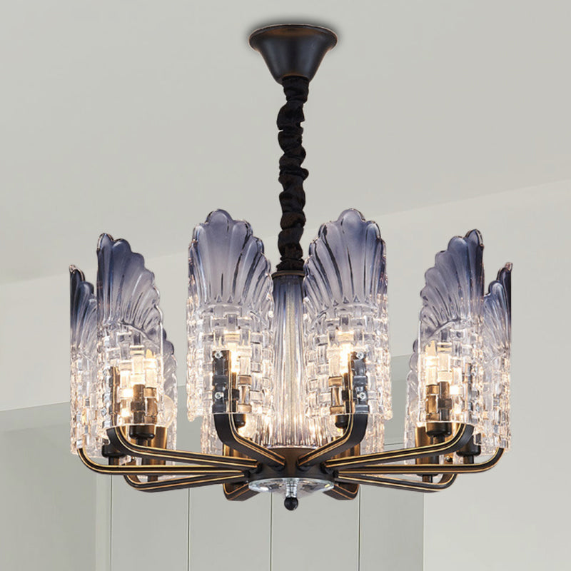 Scallop Chandelier Light Fixture Contemporary Textured Glass 8/10/12 Heads Black Hanging Ceiling Light 10 Black Clearhalo 'Ceiling Lights' 'Chandeliers' 'Glass shade' 'Glass' 'Modern Chandeliers' 'Modern' Lighting' 288343