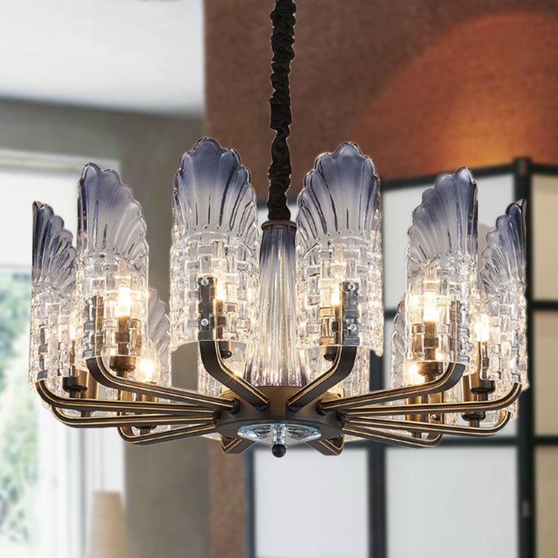 Scallop Chandelier Light Fixture Contemporary Textured Glass 8/10/12 Heads Black Hanging Ceiling Light 12 Black Clearhalo 'Ceiling Lights' 'Chandeliers' 'Glass shade' 'Glass' 'Modern Chandeliers' 'Modern' Lighting' 288349