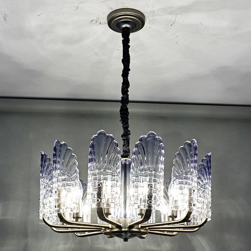 Scallop Chandelier Light Fixture Contemporary Textured Glass 8/10/12 Heads Black Hanging Ceiling Light Clearhalo 'Ceiling Lights' 'Chandeliers' 'Glass shade' 'Glass' 'Modern Chandeliers' 'Modern' Lighting' 288350